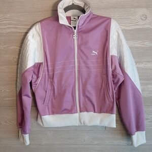 Vintage-Puma Womens Track Jacket Purple White Quilted Shoulder Full Zip Large